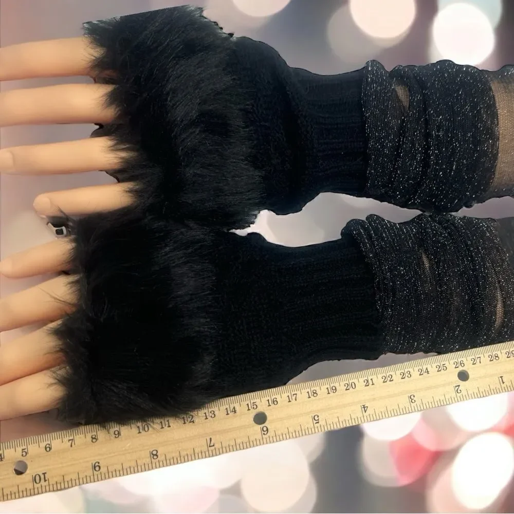 SXY l Custom Set l Elegant Black Arm Sleeves (Sheer) Fuzzy Fingerless Gloves New